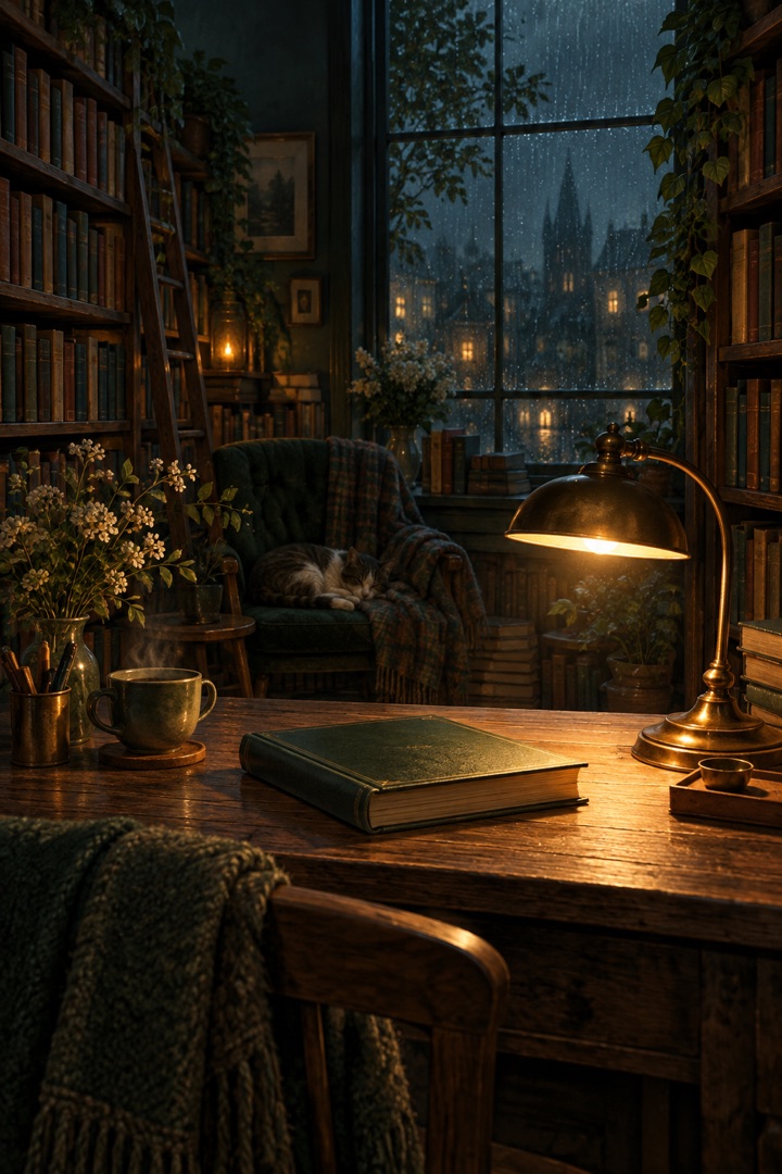 A warmly lit bookshop on a rainy evening