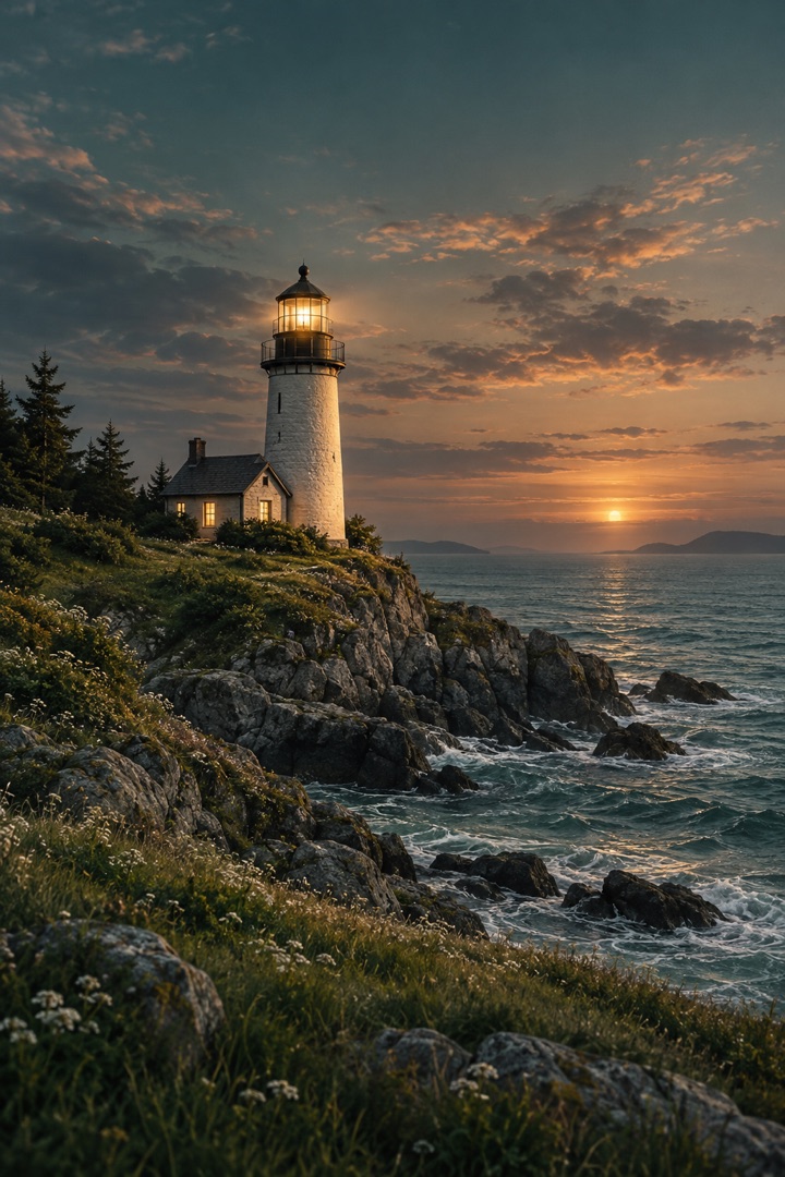 A lighthouse on a quiet coast at sunset